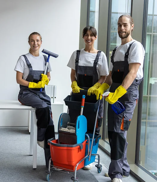 Een professionele schoonmaker stofzuigt tapijtvloeren in een kantoor terwijl een collega ramen schoonmaakt in een modern commercieel gebouw.